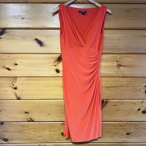 Ralph Lauren Feminine Orange Ruched Cocktail Faux Wrap Midi Flowy  Dress Size 8